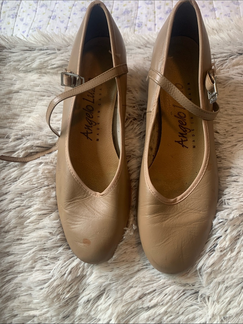 Tan Leather Cuban Tap Mary Jane Angelo Luzio Dance Flats with Buckle Strap